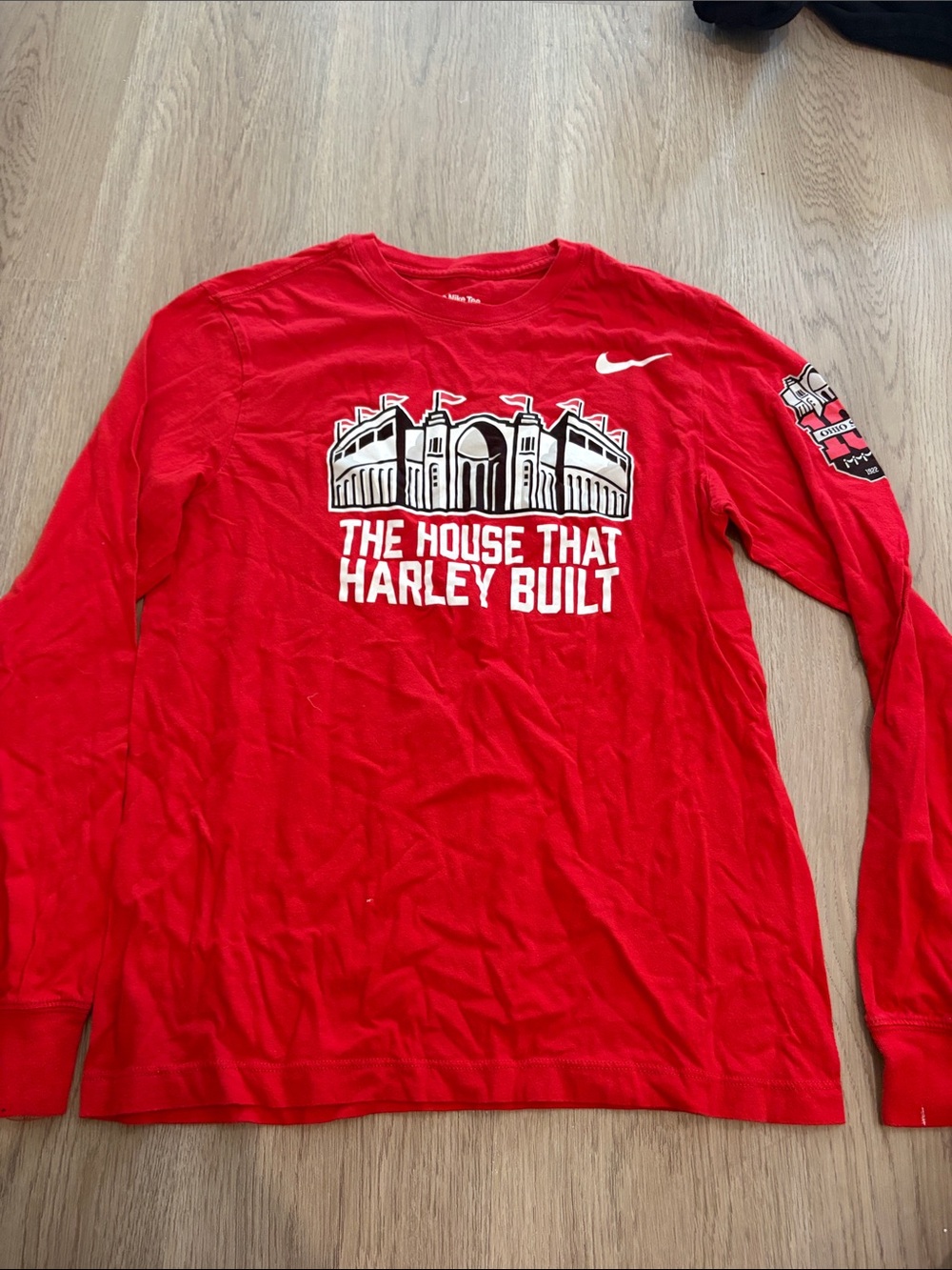 Nike Red Long Sleeve Graphic Tee with White and Black Stadium Print (Ohio state)